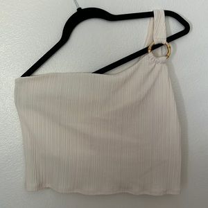 One shoulder cream tank with wood detail